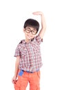 Asian boy growing tall and measuring himself