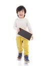 Asian boy holding black board on white background isolated Royalty Free Stock Photo