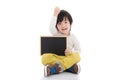 Asian boy holding black board on white background isolated Royalty Free Stock Photo