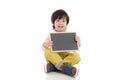 Asian boy holding black board on white background isolated Royalty Free Stock Photo