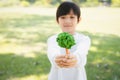 Asian boy holding recycled paper tree to promote eco lifestyle. Gyre