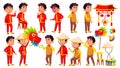 Asian Boy Kindergarten Kid Poses Set Vector. Festival, Dragon. Happy Children Character. Babysitting. For Advertisement