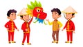 Asian Boy Kindergarten Kid Poses Set Vector. Festival, Dragon. Little Children. Happiness Enjoyment. For Web, Brochure