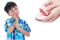 Asian boy with oral problem. Hand human holding dental mold. Iso Royalty Free Stock Photo