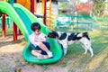 Asian boy playing with his dog in playground under sun light Royalty Free Stock Photo