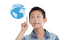 Asian boy pointing blue earth on white