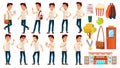 Asian Boy Schoolboy Kid Poses Set Vector. Emotional. White Shirt. High School Child. Children Study. Knowledge, Learn