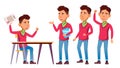 Asian Boy Schoolboy Set Vector. High School Child. Schoolchild. Funny, Friendship, Happiness Enjoyment. For Web, Poster