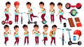 Asian Boy Schoolboy Set Vector. Primary School Child. Cheerful Pupil. Friends. Fun, Activity. Lifestyle Summer. Life