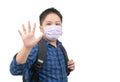 Asian boy student wear mask and waving goodbye before go to school