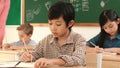 Asian boy taking a note while student writing answer in answer sheet. Pedagogy. Royalty Free Stock Photo