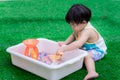 Asian boy are using toys to scoop colorful water beads. Son learns his senses through play.