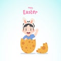 A asian boy wearing rabbit ears emerged from a merrily decorated orange egg, Easter egg, illustration vector, kids concept