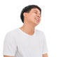 An Asian boy in white shirt with black hair is laughing to the c