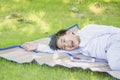 Asian boys are in the mood to relax on weekends in the park in the morning sunshine,concept of bright childhood, learning outside