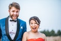 Asian bride and Caucasian groom have romance time and happy