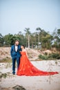 Asian bride and Caucasian groom have romance time and happy