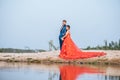 Asian bride and Caucasian groom have romance time and happy