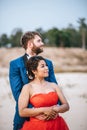 Asian bride and Caucasian groom have romance time and happy