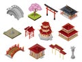 Asian building construction isometric set vector illustration traditional oriental house, bridge