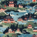 Asian building style seamless pattern. AI Generated