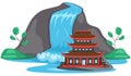 Asian building. River waterfall falls from cliff white background. Water fall streams