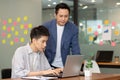 Asian business maen meeting and talk about job  on labtop in office Royalty Free Stock Photo