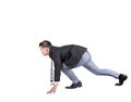 Asian business man acting like runner athlete in start patform i Royalty Free Stock Photo