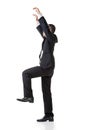 Asian business man pull up pose, full length portrait isolated o