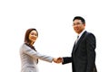 Asian business men and women shake hands to express joy in reaching a business cooperation agreement isolate on white Royalty Free Stock Photo