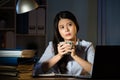 Asian business woman drink coffee working overtime late night Royalty Free Stock Photo