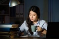 Asian business woman drink coffee working overtime late night Royalty Free Stock Photo