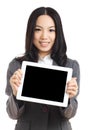 Asian business woman hold tablet , focus on tablet