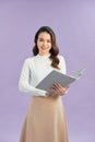 Asian business woman holding open folder with document Royalty Free Stock Photo