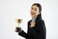 Asian business woman holding a trophy, Royalty Free Stock Photo