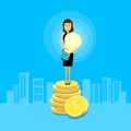 Asian Business Woman Stand On Coins Hold Light Bulb Royalty Free Stock Photo