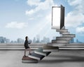 Asian business woman stepping up stair made from book