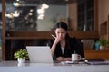 asian business woman thinking solving problem at work, worried serious young asian woman concerned make difficult Royalty Free Stock Photo