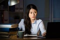 Asian business woman working overtime late night in office Royalty Free Stock Photo