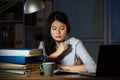 Asian business woman working overtime late night in office Royalty Free Stock Photo