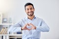 Asian businessman, heart sign and hand gesture emoji for support, trust and passion for success. Portrait of smile