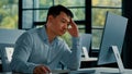 Asian businessman korean man work online at workplace difficult hard job get incorrect error in computer failure