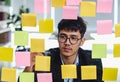 Asian businessman looking and writing on sticky note for brainstorming ideas on clear whiteboard at modern office. analyze and Royalty Free Stock Photo