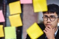 Asian businessman looking and writing on sticky note for brainstorming ideas on clear whiteboard at modern office. analyze and Royalty Free Stock Photo