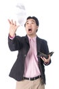 Asian businessman shock bill paper, surprise, yelling, throwing