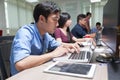 Asian Businessman Sitting At Desk Working Laptop Computer Business Royalty Free Stock Photo