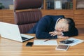 Asian businessman sleeping tired lying on the table, man at work Royalty Free Stock Photo