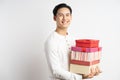 Asian businessman was holding three gift boxes in his hand Royalty Free Stock Photo