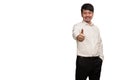 Asian businessman wear white shirt show thumps up by one hand, smiling and feeling happy, isolate on white Royalty Free Stock Photo