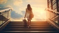 Asian businesswoman carrying a suitcase while stepping on the staircase toward sunlight in the sky